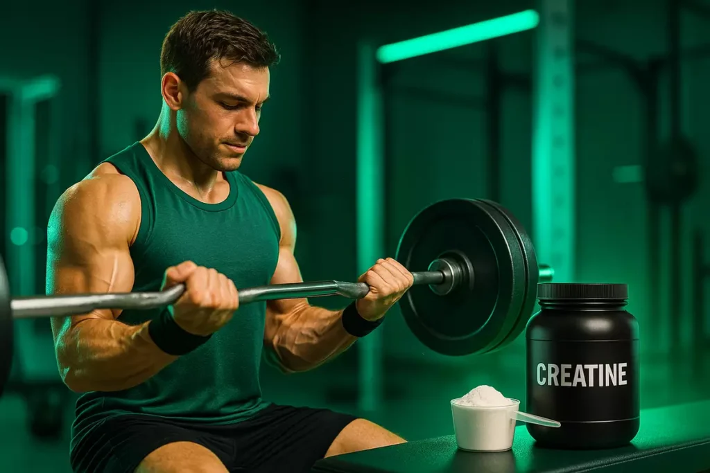 athlete lifting weights with creatine powder tub in foreground for performance boost