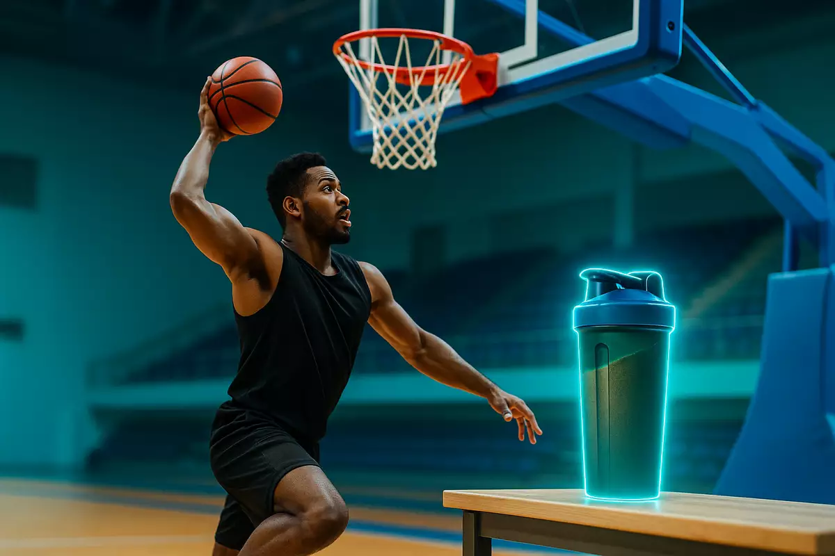 Whey protein thumbnail showing basketball player dunking with shaker bottle symbolizing recovery and performance