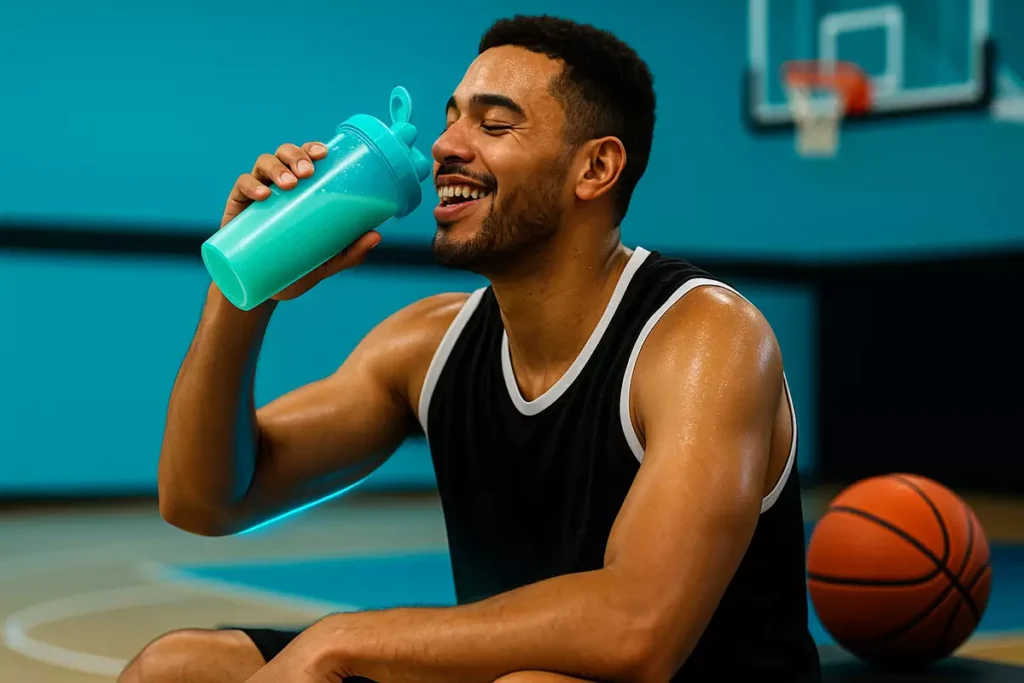 Basketball player drinking whey protein shake on bench to support muscle recovery and endurance