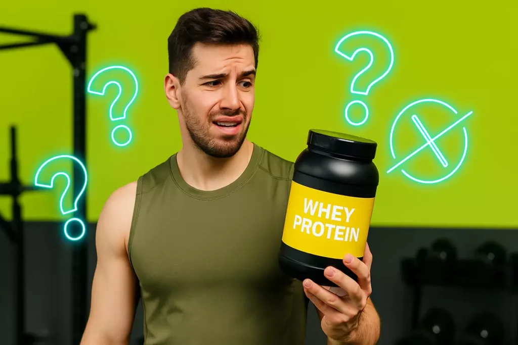 Confused athlete holding whey protein container with myth icons in gym background