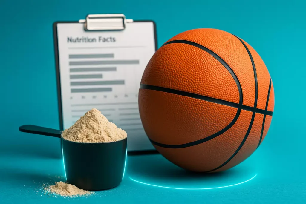 Scoop of whey protein with basketball and intake chart showing recommended protein dosage for players