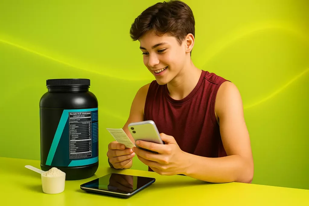 Teenager checking whey protein dosage with scoop and scale.