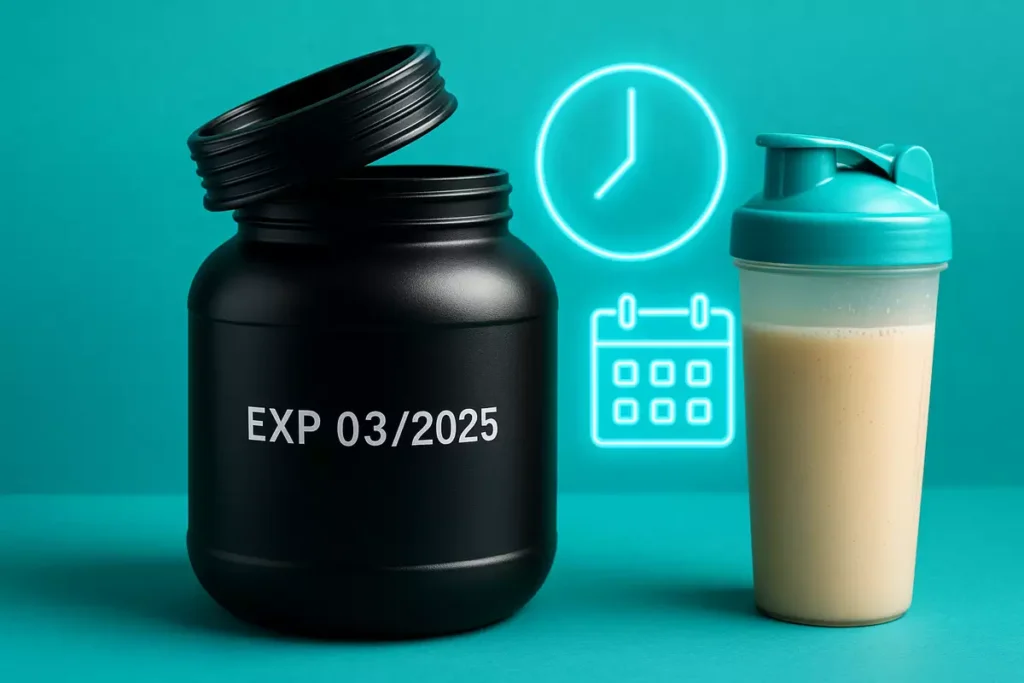 Open whey protein tub with expiration date and calendar illustration