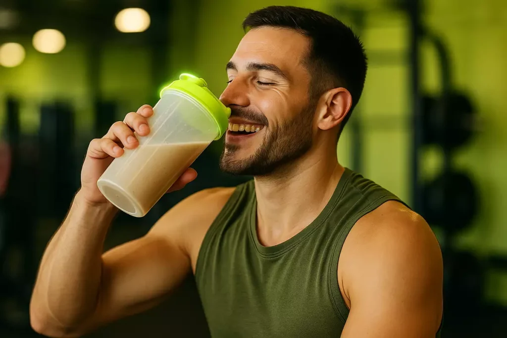 Smiling athlete drinking protein shake after workout in gym setting
