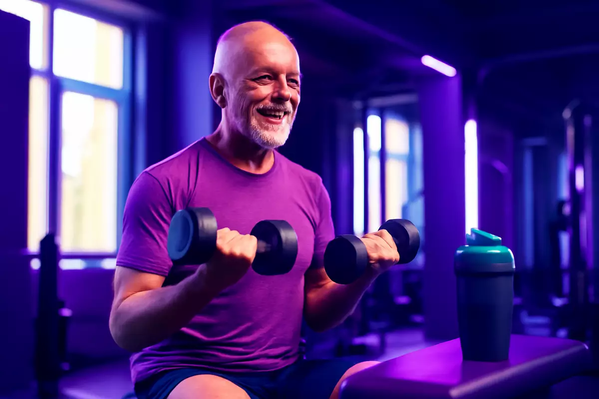 Senior athlete lifting dumbbells with whey protein shaker in modern gym
