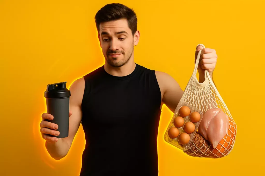 Athlete choosing between whey protein and whole food proteins, showing supplement budget impact in 2025