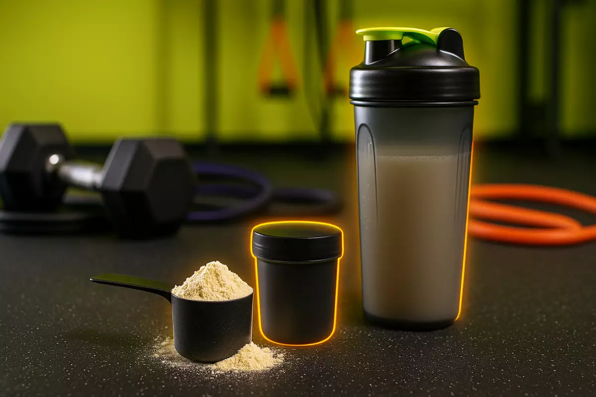 Scoop of whey protein with shaker bottle and gym gear in bright modern fitness setting