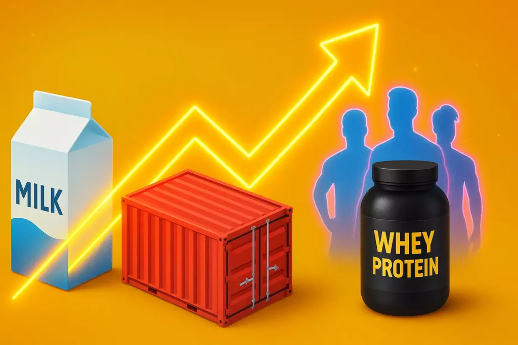 Visual showing dairy, shipping, and demand as main factors driving whey protein price increases in 2025