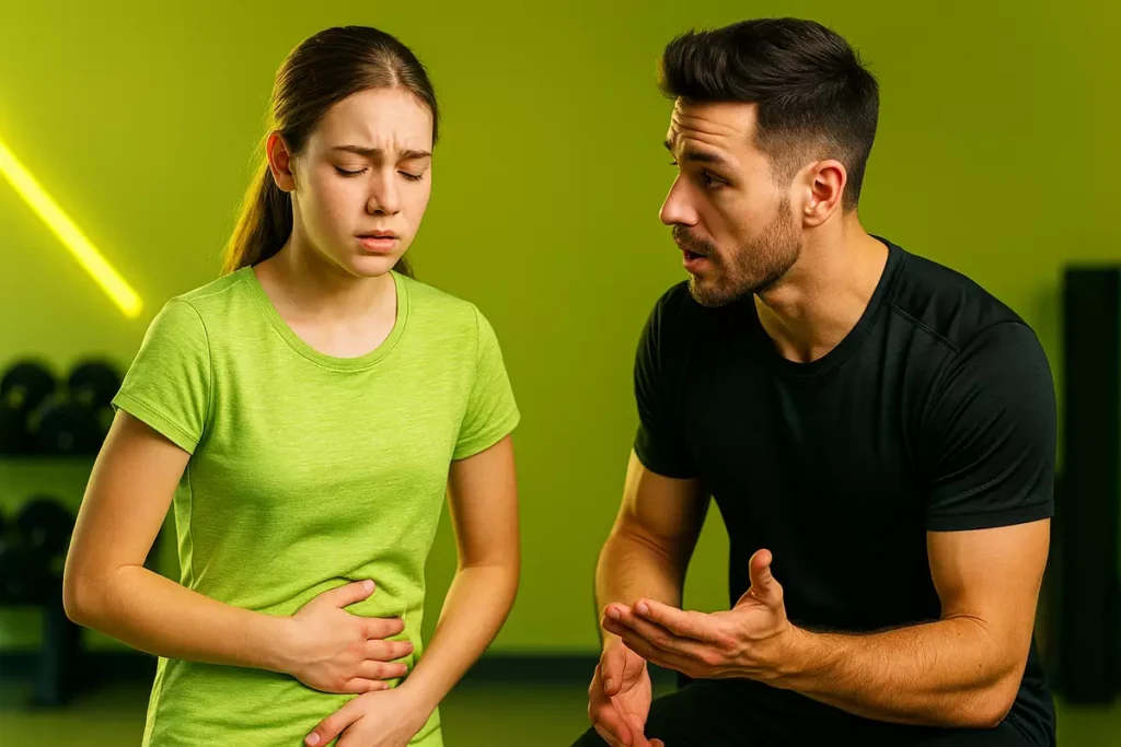 Teen and trainer discussing whey protein safety risks and precautions.