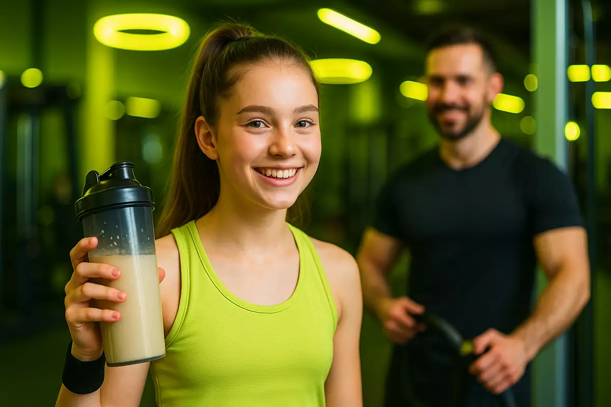 Teenage athlete safely using whey protein with trainer guidance in gym.