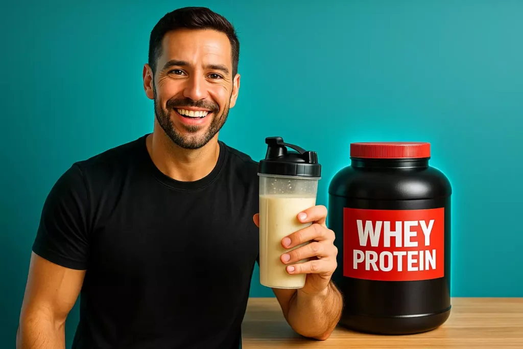 Fitness trainer holding protein shake showing safe whey protein usage