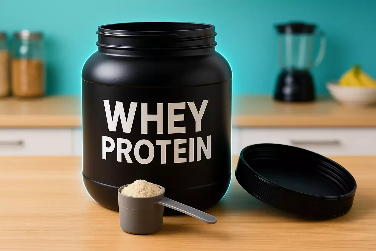 Opened whey protein tub with scoop showing shelf life and freshness