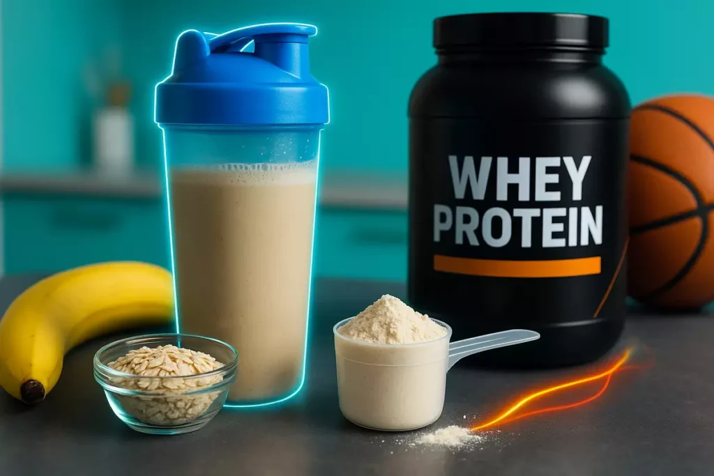 Whey protein shake with banana, oats, and shaker bottle next to basketball symbolizing practical nutrition tips