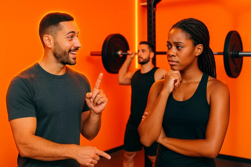 Fitness trainer advising athlete on who should avoid long-term beta-alanine use