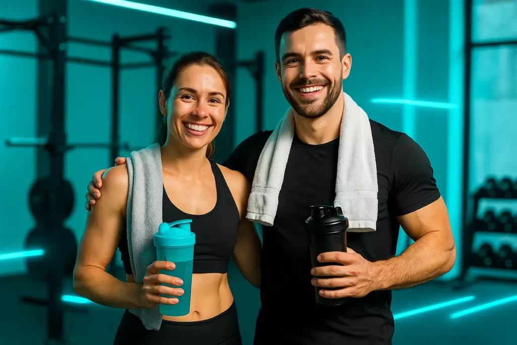 Fit athletes after training using EAAs, creatine, and pre-workout stack for performance and recovery
