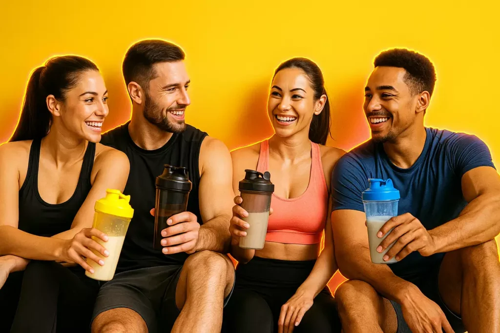 Athletes and fitness enthusiasts drinking micellar casein shakes for recovery