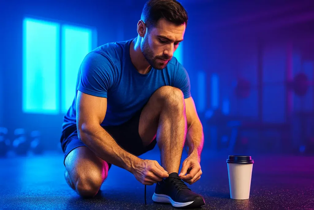 Athlete preparing for workout with coffee as pre-workout caffeine boost