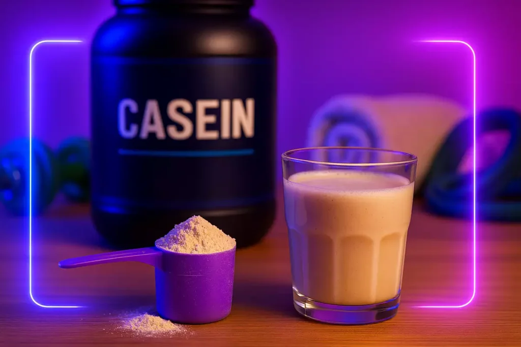 Scoop of casein protein powder and shake with gym accessories for bodybuilding recovery