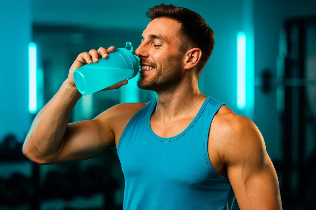 Athlete enjoying caffeine-free BCAA drink after evening workout
