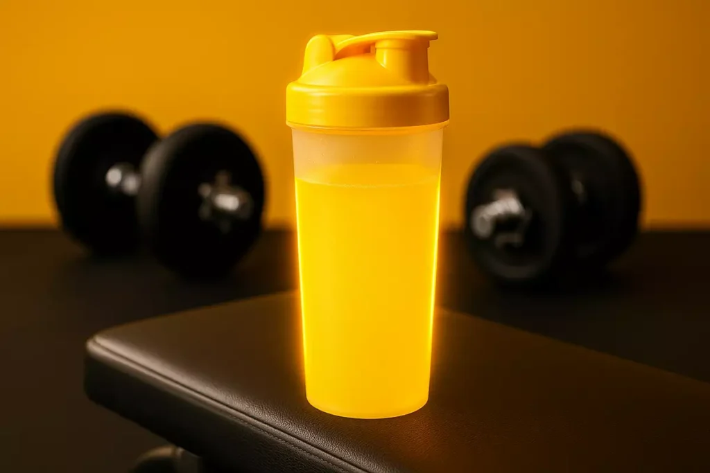 EAA supplement drink on gym bench highlighting role in muscle protein synthesis