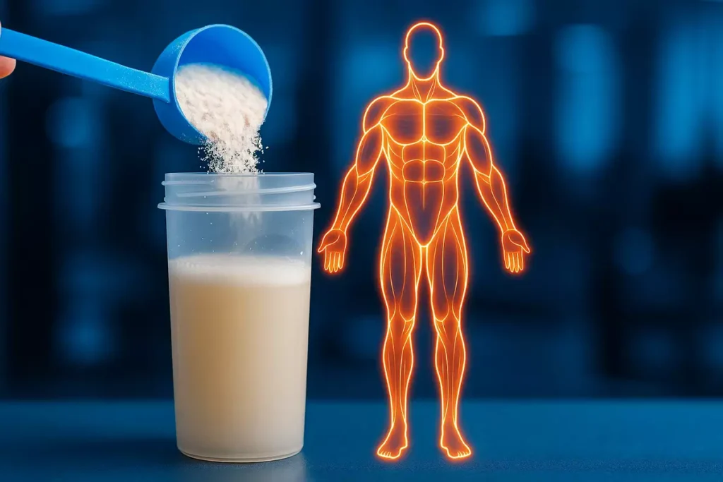 EAA powder scoop and shaker with muscle recovery anatomy overlay