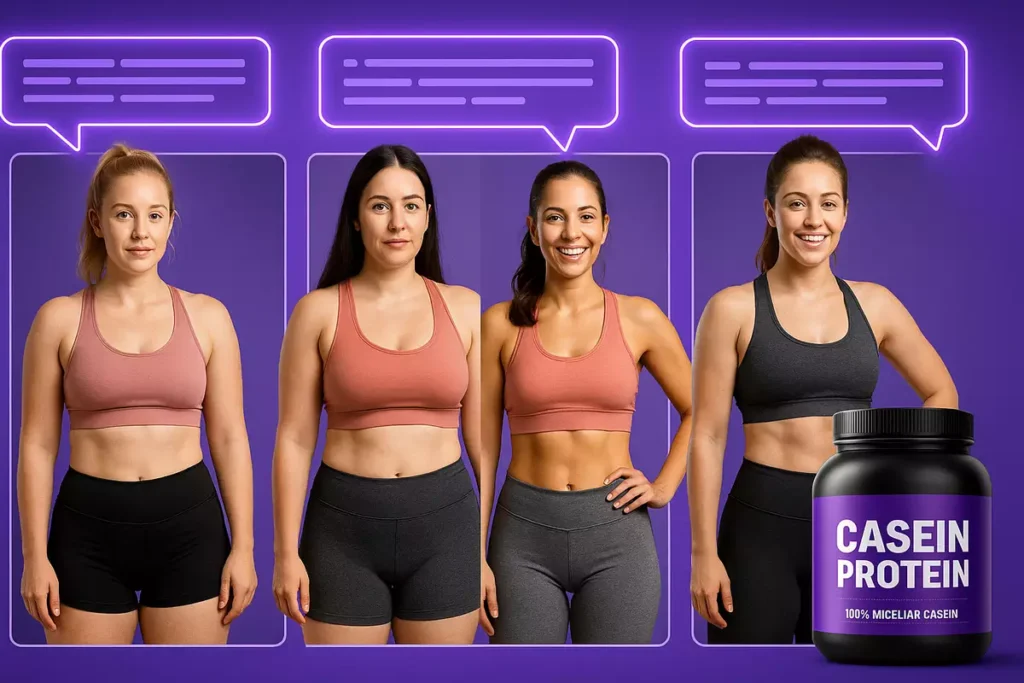 Before and after results of women using casein protein with testimonials showing fitness progress.