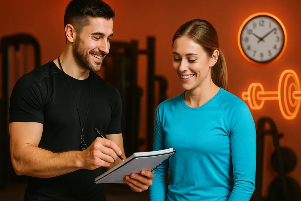 Trainer and client reviewing workout schedule to decide best time for BCAAs