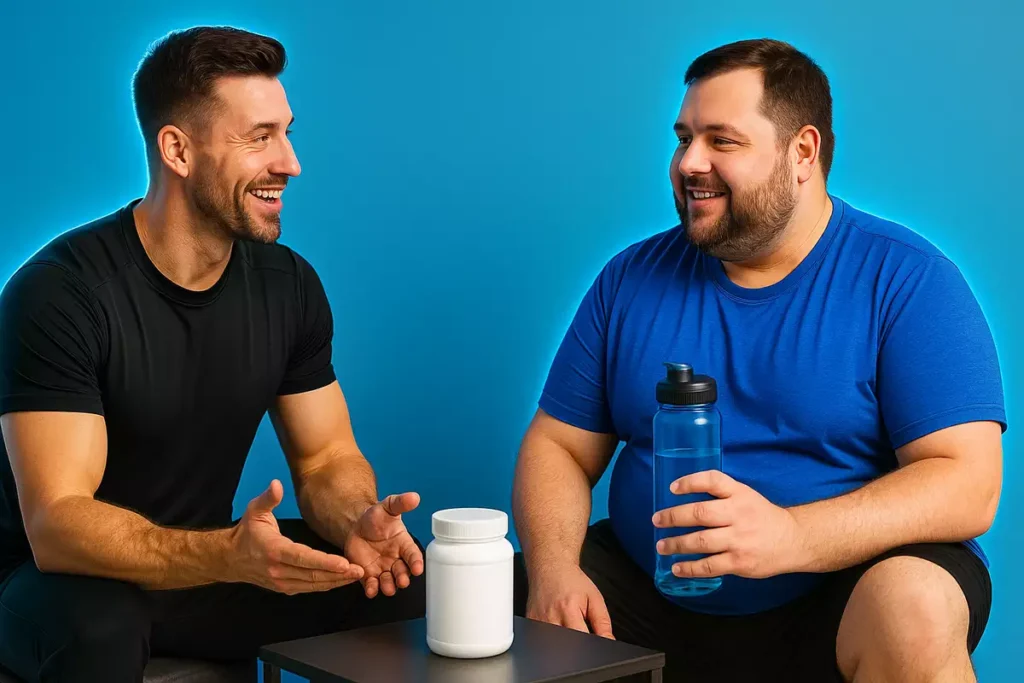 Fitness coach advising overweight man on proper creatine use and hydration