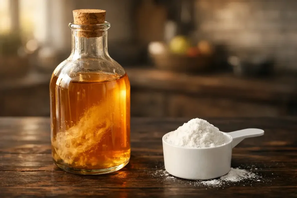 Glass bottle of apple cider vinegar next to scoop of creatine powder on wooden surface, showing two supplements that should not be mixed for storage