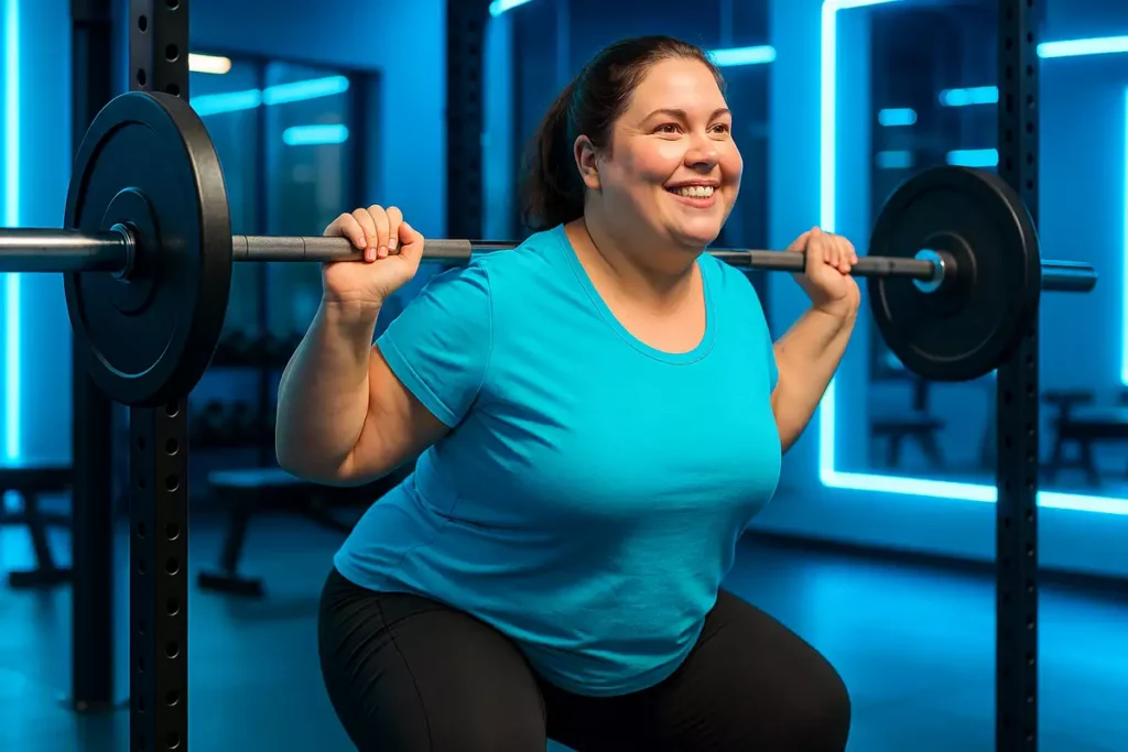 Overweight woman performing squat exercise representing creatine benefits