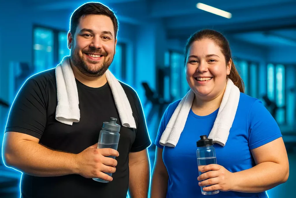 Overweight man and woman after workout showing positive results of creatine use