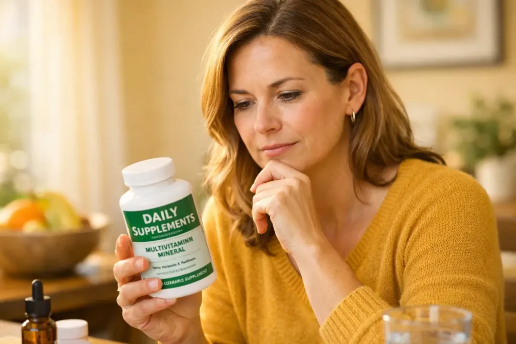 Person carefully reading supplement label to understand possible side effects and precautions before taking creatine and magnesium.