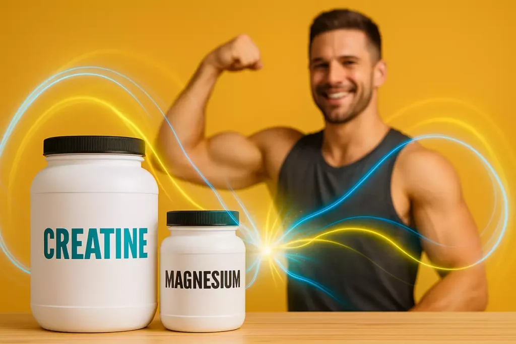Creatine and magnesium supplements merging with energy effect showing synergy benefits