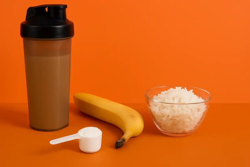 Creatine scoop with protein shake, banana, and rice