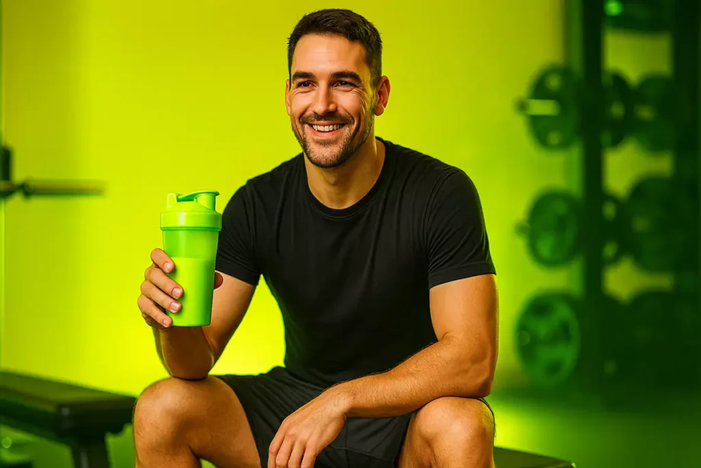 Fitness trainer holding protein shaker giving final whey protein recommendation
