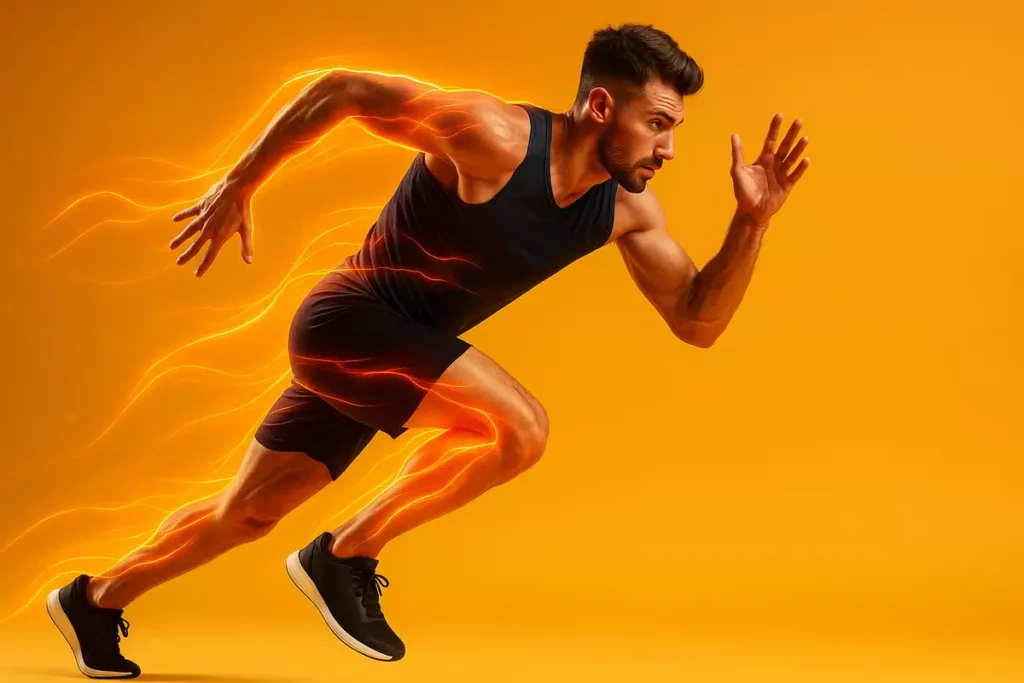 Athlete sprinting with energy lines showing how creatine boosts ATP and muscle power