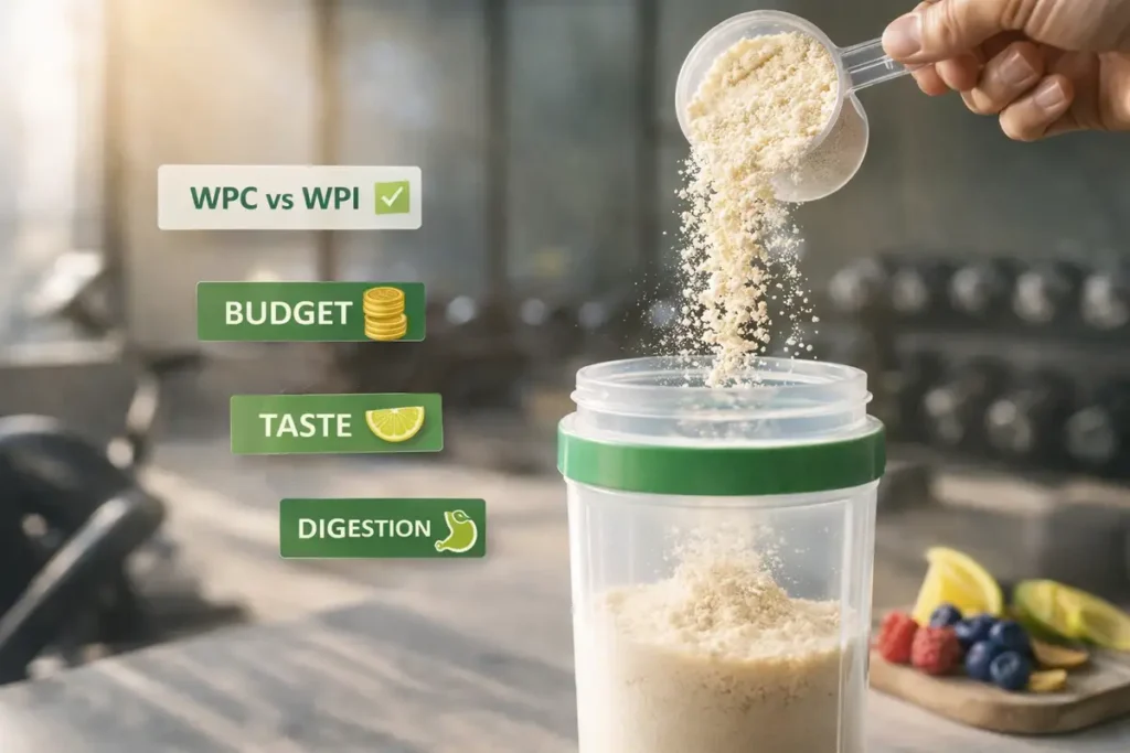 How to choose the right whey protein – WPC vs WPI, budget, taste, and digestion tips.