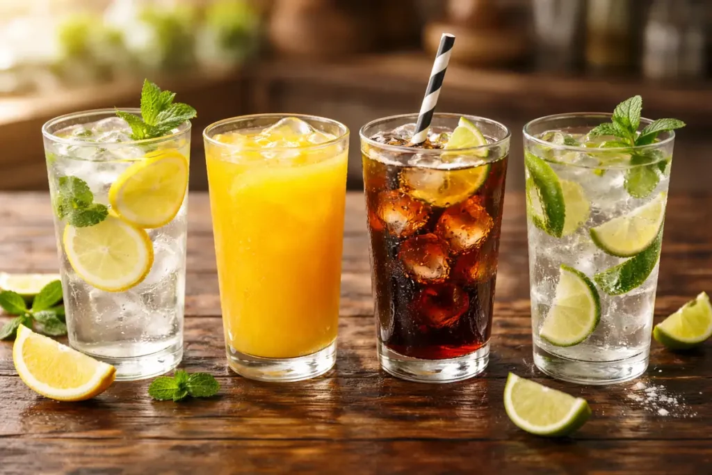 Four glasses of lemon water, orange juice, cola, and sparkling water lined up on wooden bar top, representing acidic drinks that degrade creatine