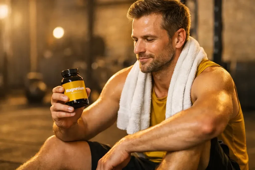 Athlete resting after workout while holding a magnesium supplement bottle, representing magnesium's role in muscle recovery and performance.