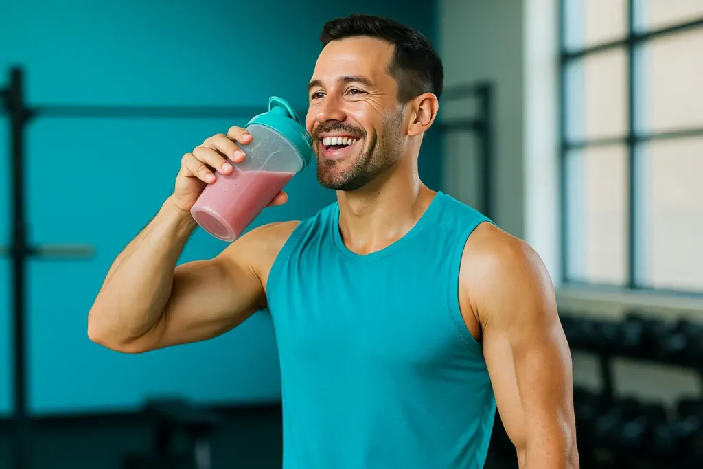 Athlete with diabetes drinking BCAA shake after training for muscle recovery and energy