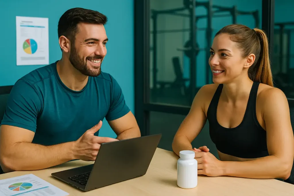 Fitness coach advising diabetic client about BCAA supplementation and recovery plan