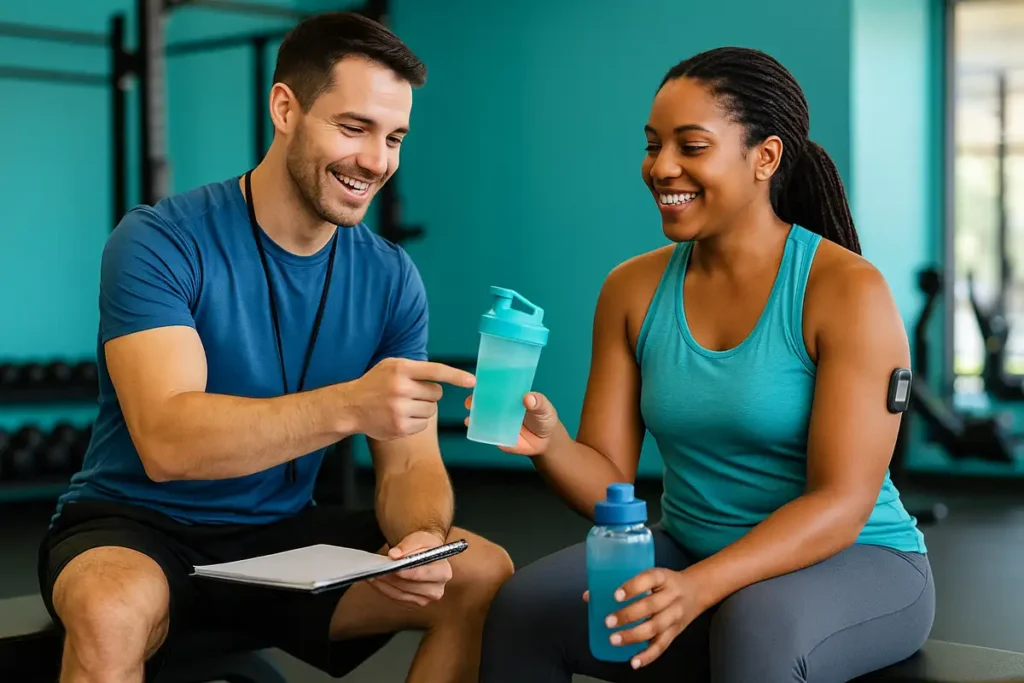 Trainer guiding diabetic athlete on how to use BCAAs safely before workout