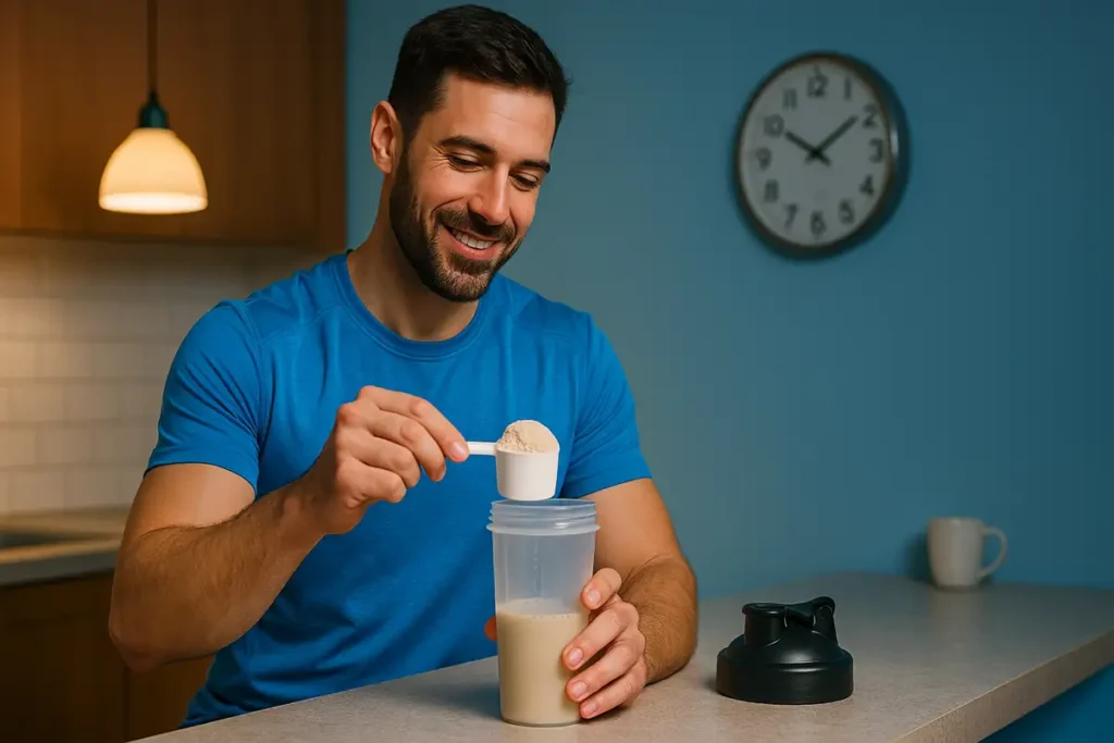 athlete mixing casein protein before bedtime for better sleep