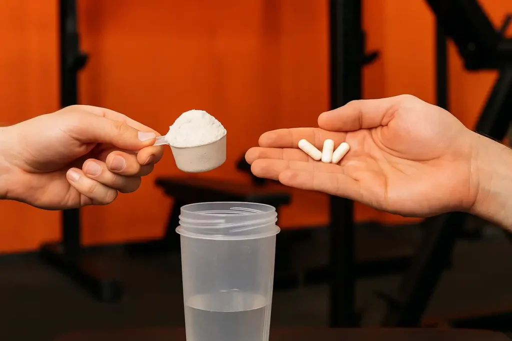 Combining creatine monohydrate powder and HMB capsules together above shaker cup for supplement stack in gym setting