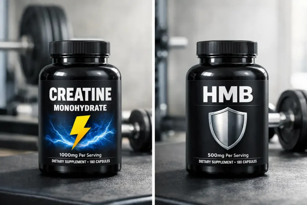 Side-by-side comparison of Creatine Monohydrate and HMB supplement bottles showing energy versus protection benefits for muscle growth