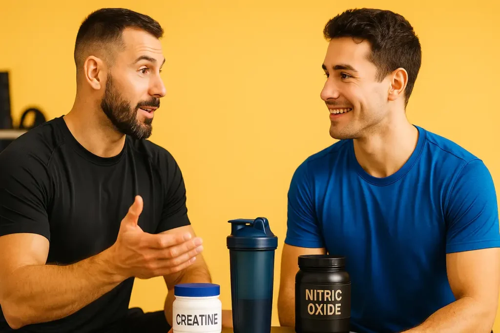 Fitness coach explaining how creatine and nitric oxide boosters enhance performance to an athlete in a gym setting