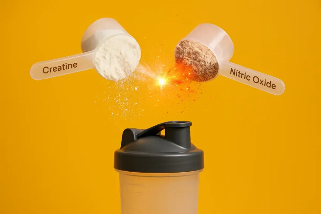 Creatine and nitric oxide supplement scoops colliding with sparks and light to symbolize enhanced performance synergy