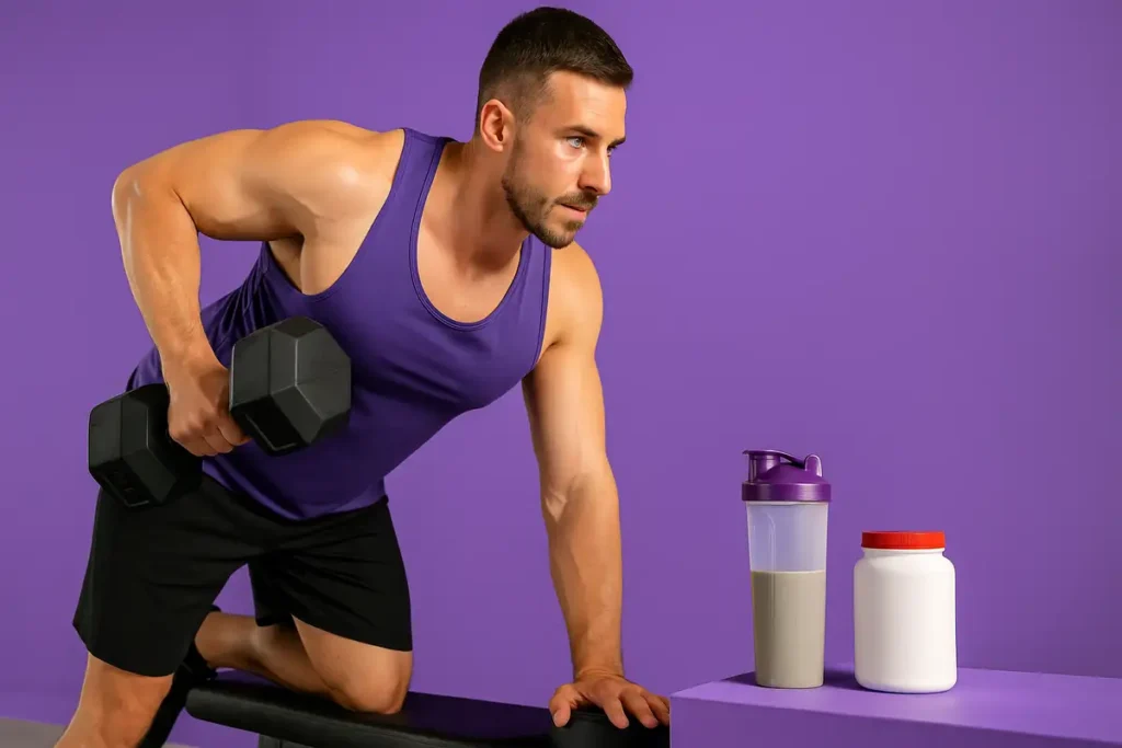 Athlete training with creatine and mass gainer for improved muscle growth and recovery.
