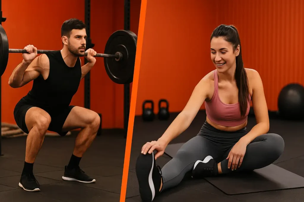 Side-by-side comparison showing athlete lifting heavy weights for creatine performance versus recovery scene for HMB muscle protection