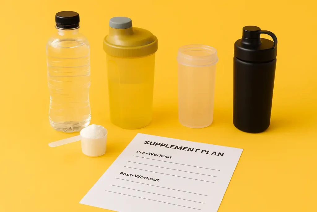 Realistic flat-lay of a workout setup with shaker, water bottle, supplement scoops, and a supplement timing plan on yellow background